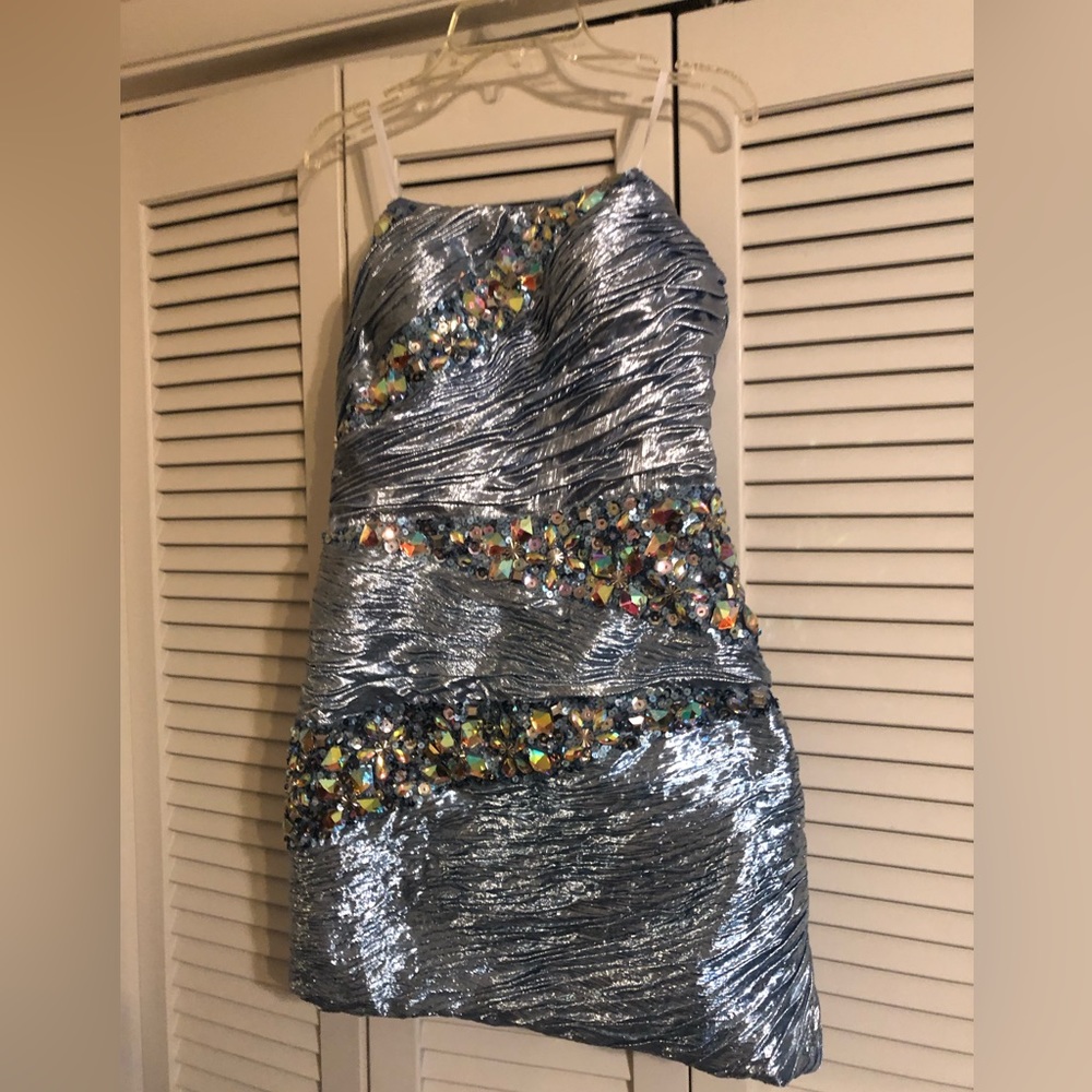 MacDuggal Light Blue Strapless Bejeweled Mini Dress Sz 8 - Picture 1 of 8